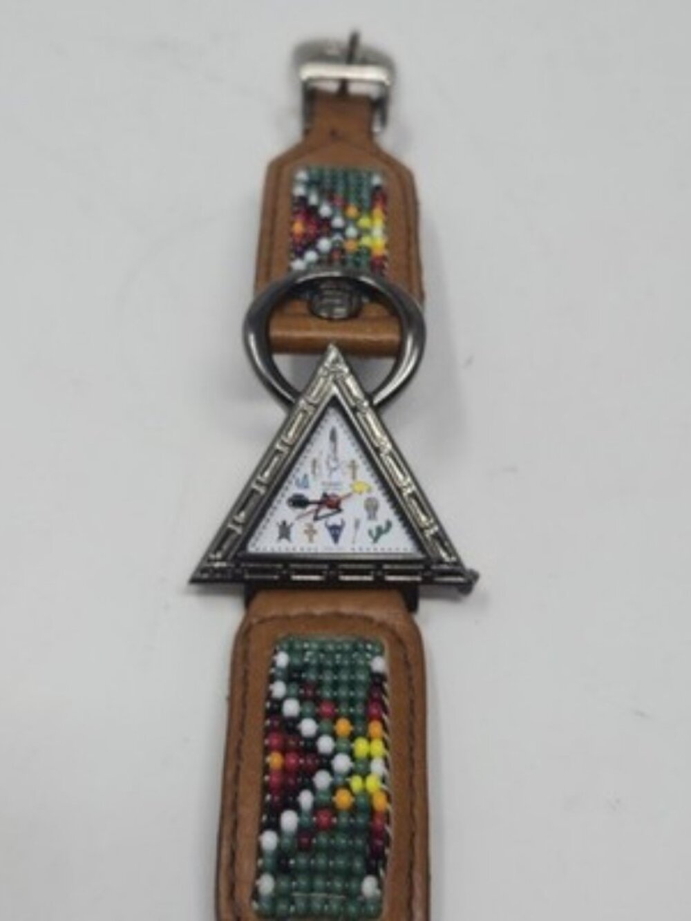 Vintage Today Timewear Triangle Watch Beaded Leather Band Works But Needs Glass